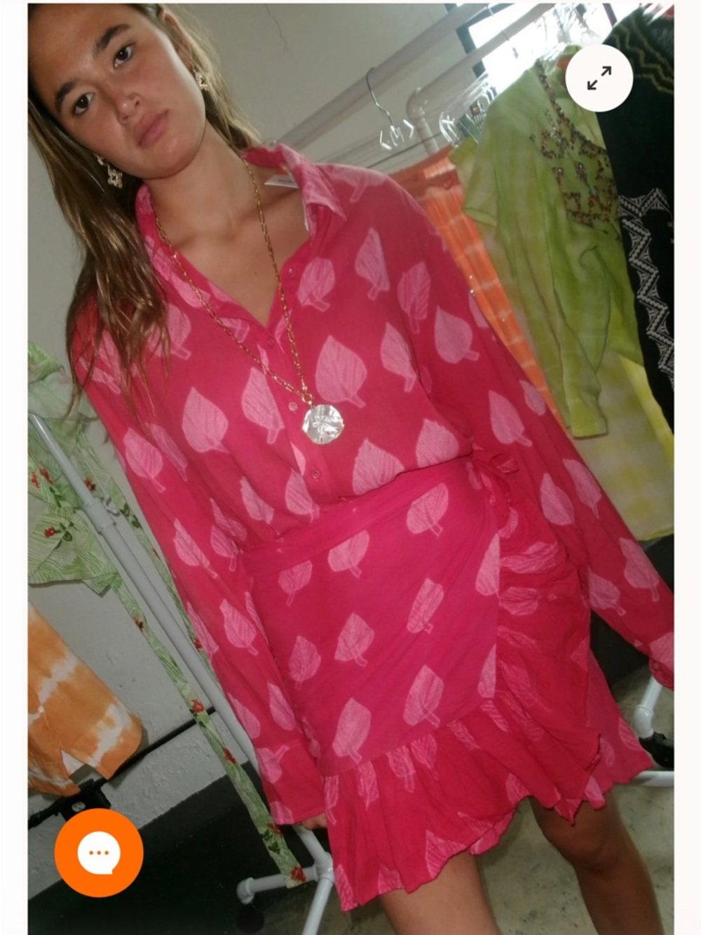 CONIGLIO PAM BEACH Pink Leaf-Print Ruffle Power Pareo Cotton Voile Shibori